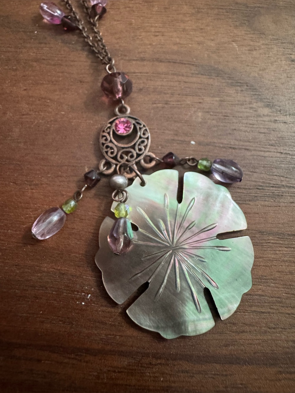 Cookie Lee Shell Abalone Flower Dangle Necklace w/Beads & Crystals *READ* - Picture 2 of 8